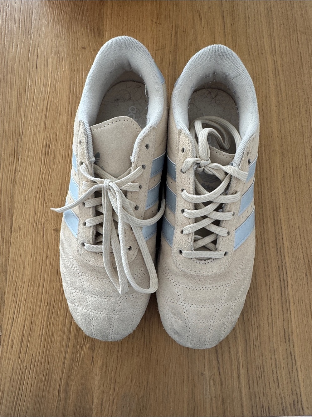 adidas Women's Beige Suede Athletic Sneakers with Light Blue Stripes